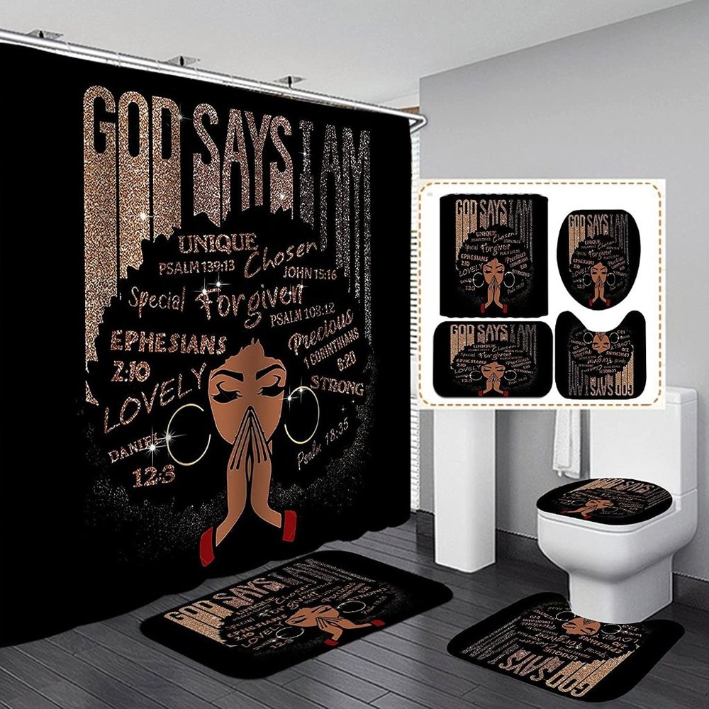 4 Piece American African Girl Praying Shower Curtain Set with Non-Slip Bath Rugs